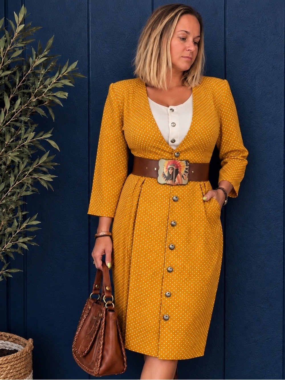 Vintage Whirlaway Frocks Mustard Polka Dot Midi Dress USA Retro L/XL